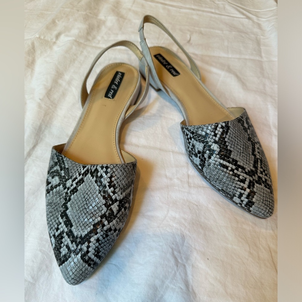 Women’s Flat, Size 9.5, Violet & Red Sunset Sling, Light Blue Snake
